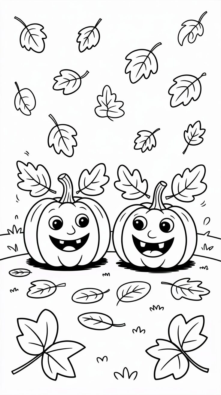 Ausmalbild zwei lachende Kürbisse in fallenden Blättern