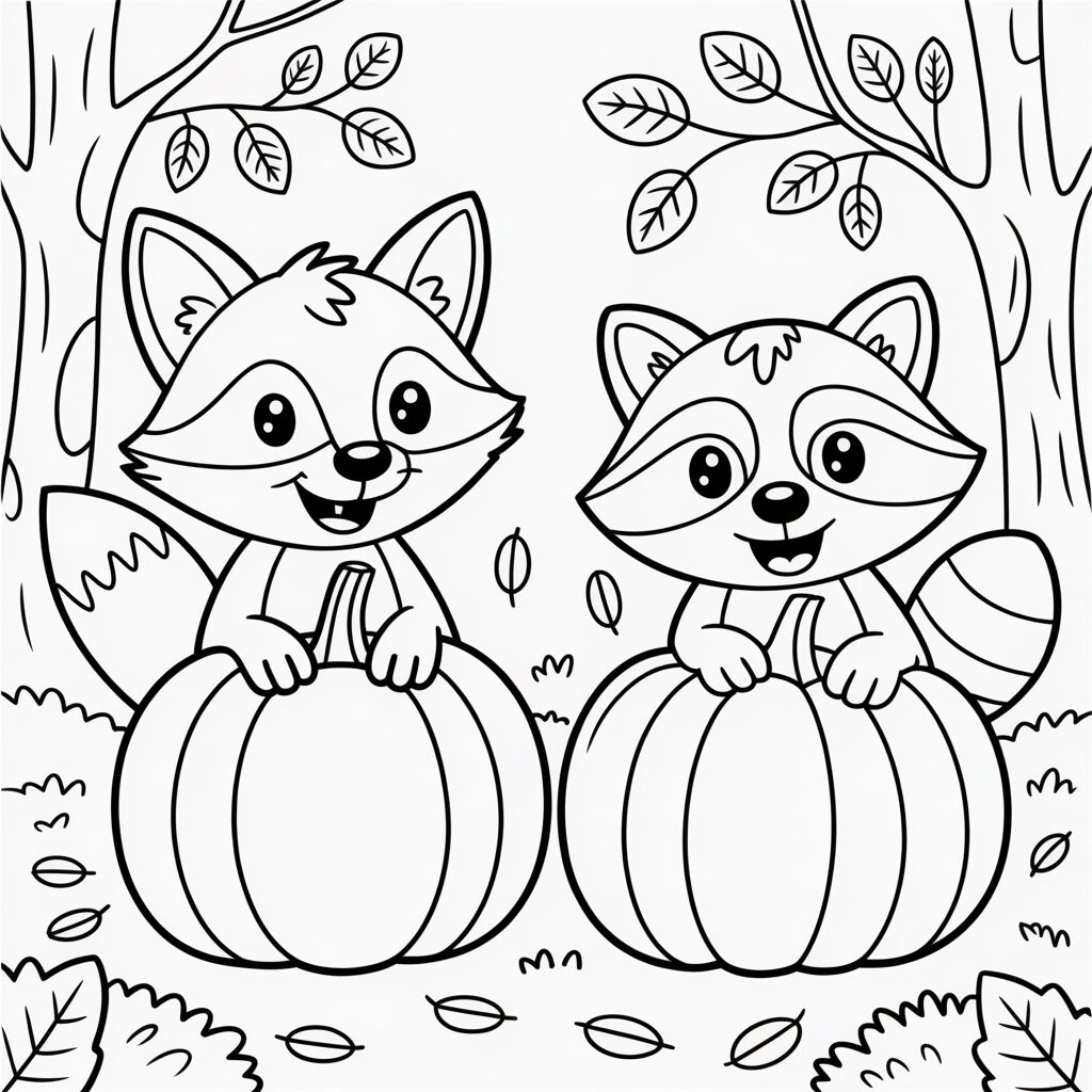 Ausmalbild zwei Waschbären mit Kürbissen