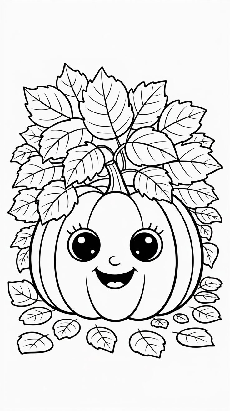 Ausmalbild fröhlicher Kürbis mit Herbstblättern
