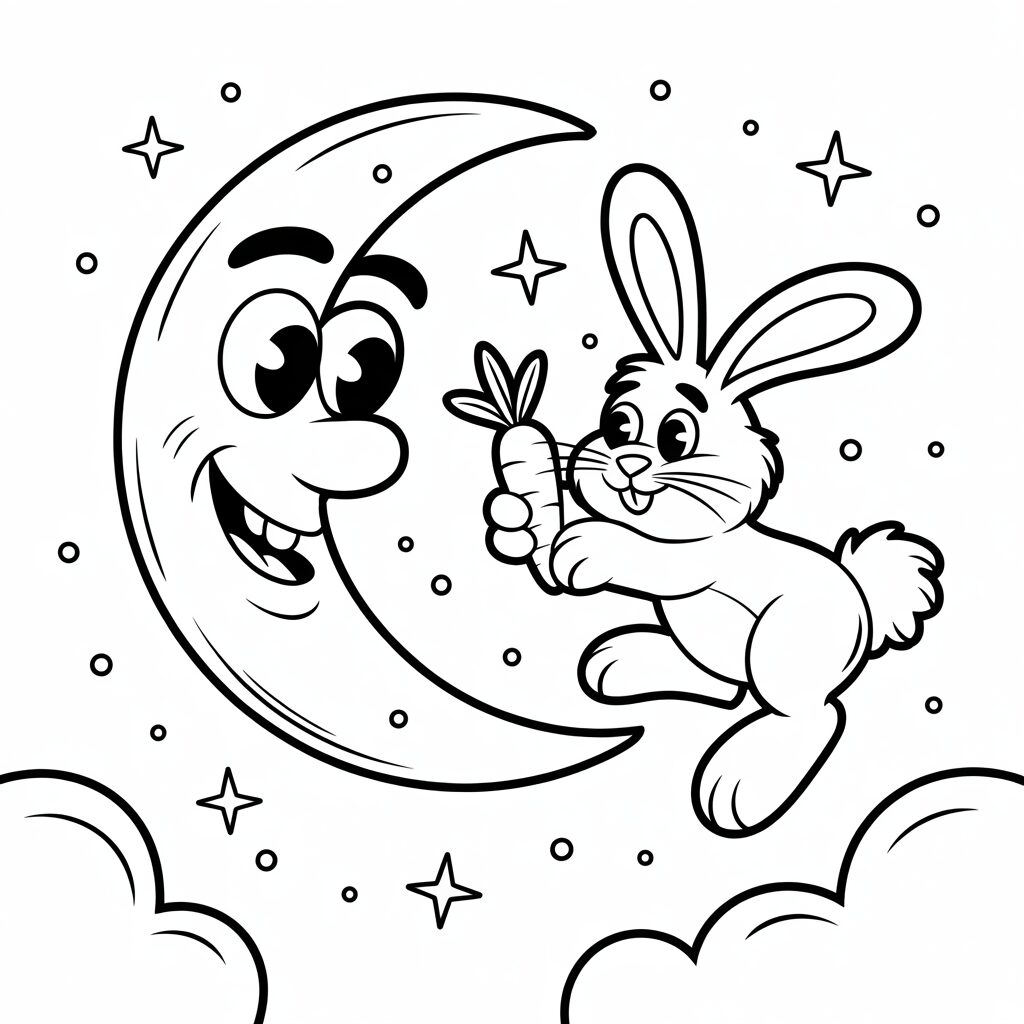 Hase gibt dem Mond eine Karotte Ausmalbild