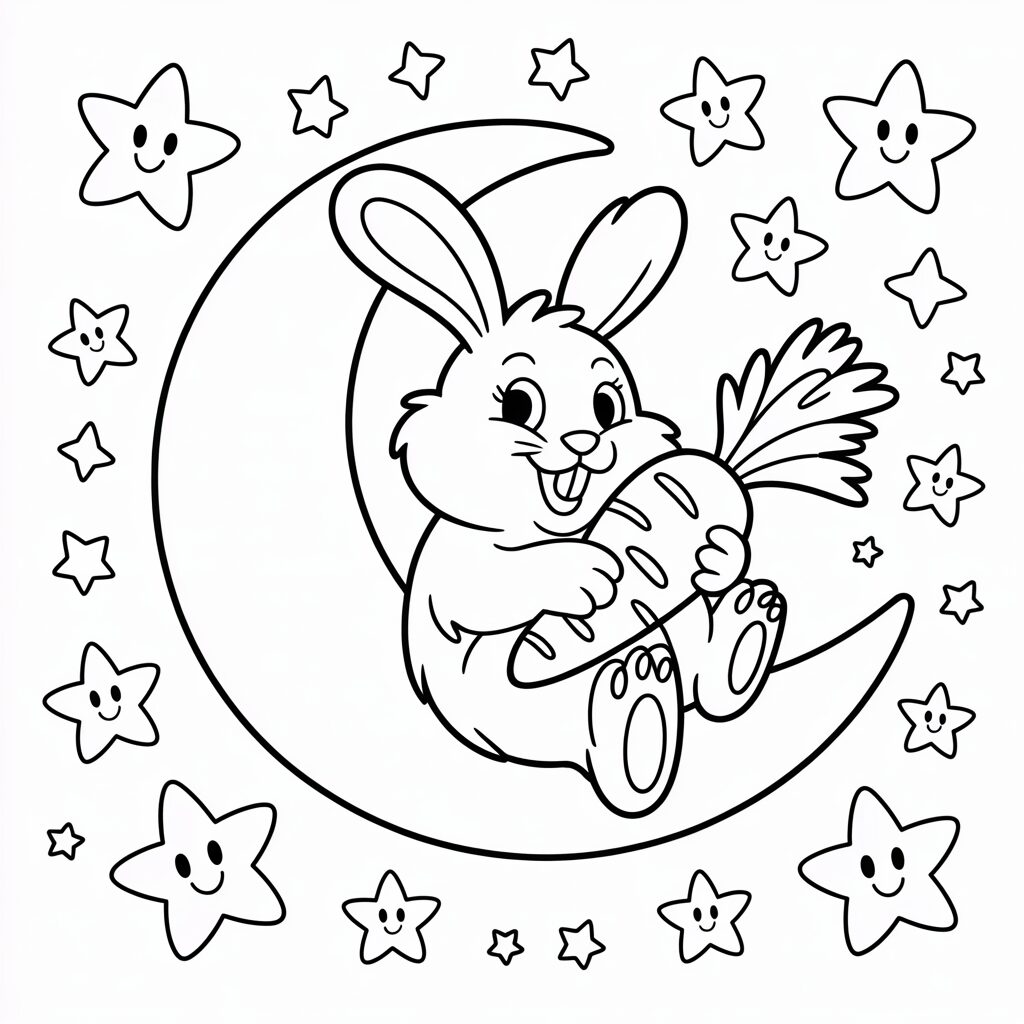 Hase kuschelt mit Karotte auf dem Mond Ausmalbild