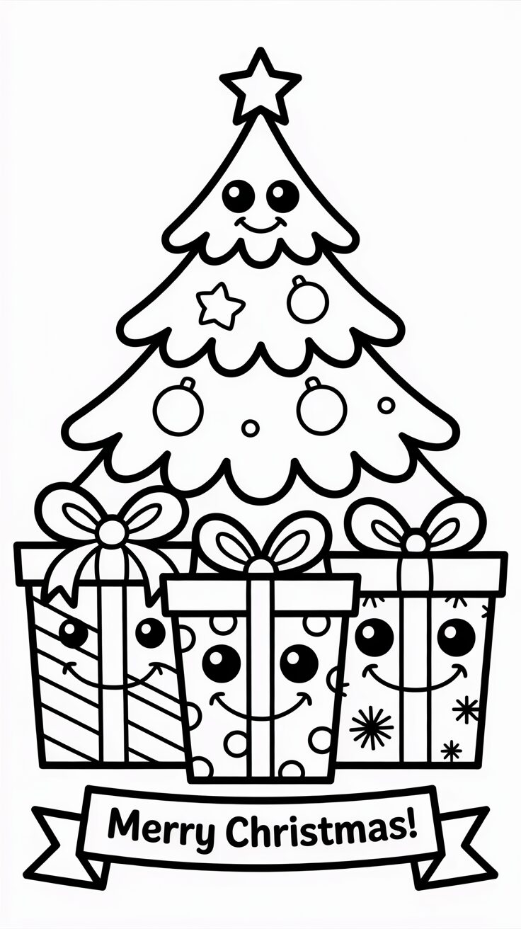 Lachende Geschenke unter dem Weihnachtsbaum – Ausmalbild