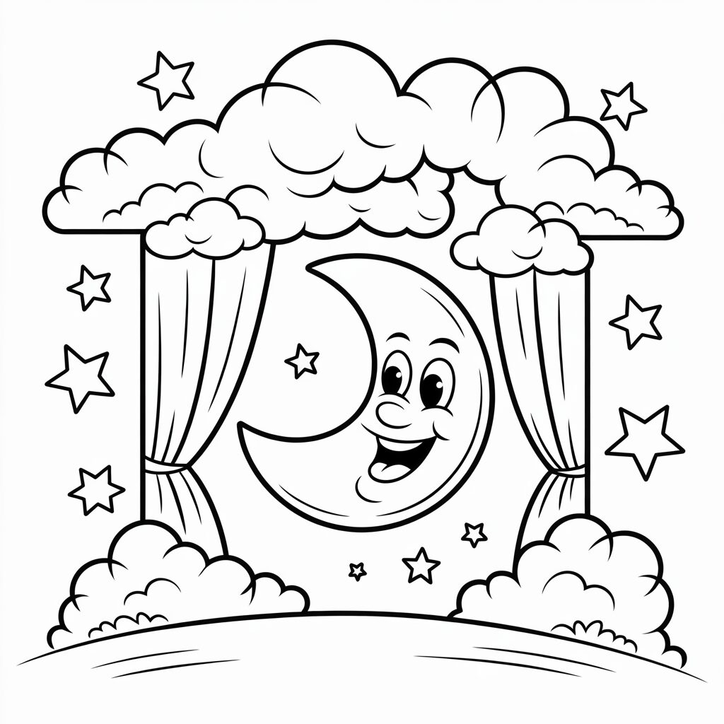 Lächelnder Mond hinter dem Vorhang Ausmalbild