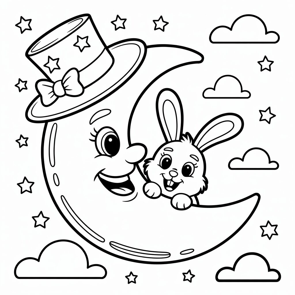 Mond mit Zylinder und Hase Ausmalbild