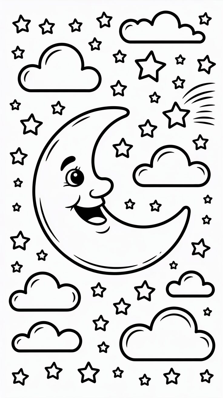 Mond zwischen Sternen und Wolken Ausmalbild