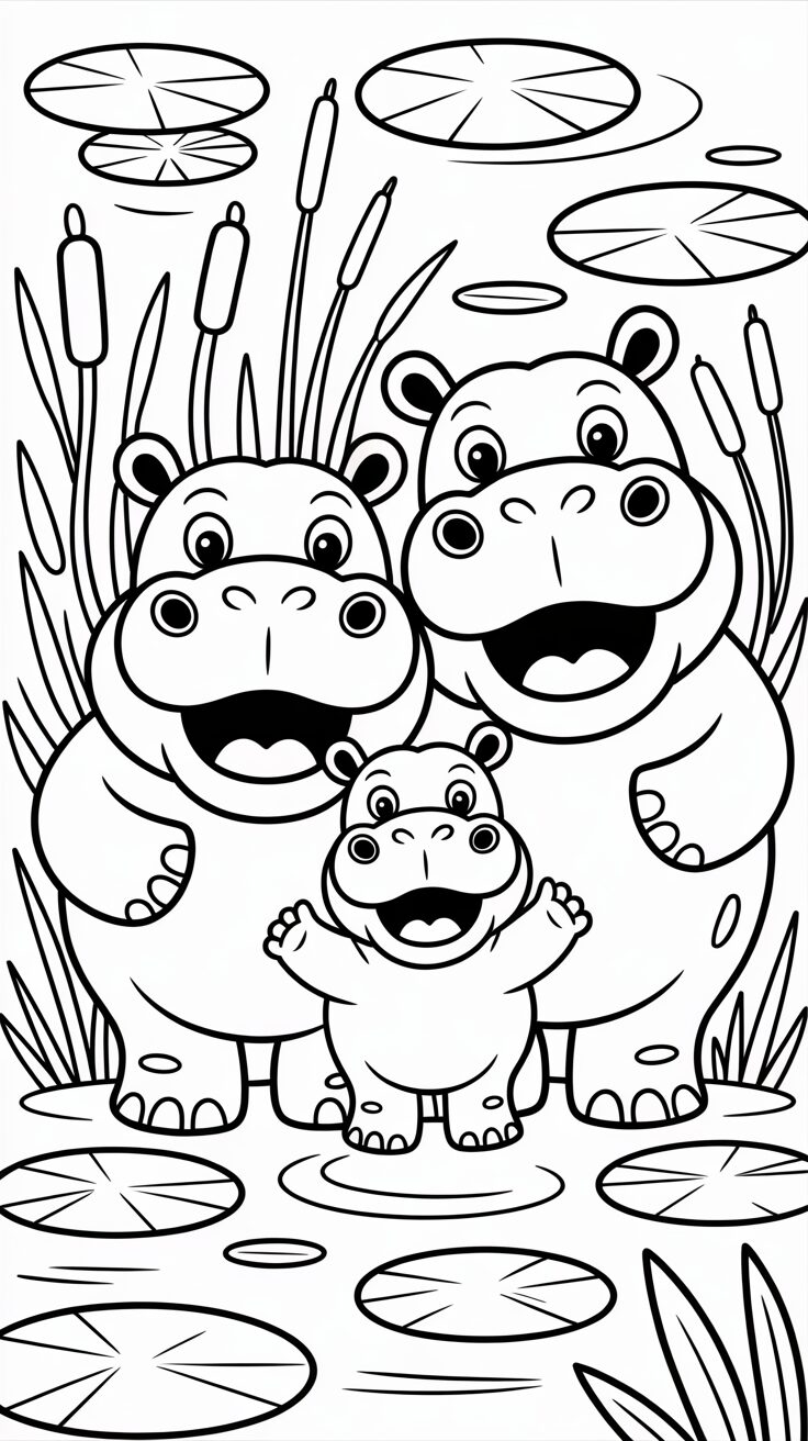 Nilpferde im Teich Ausmalbild