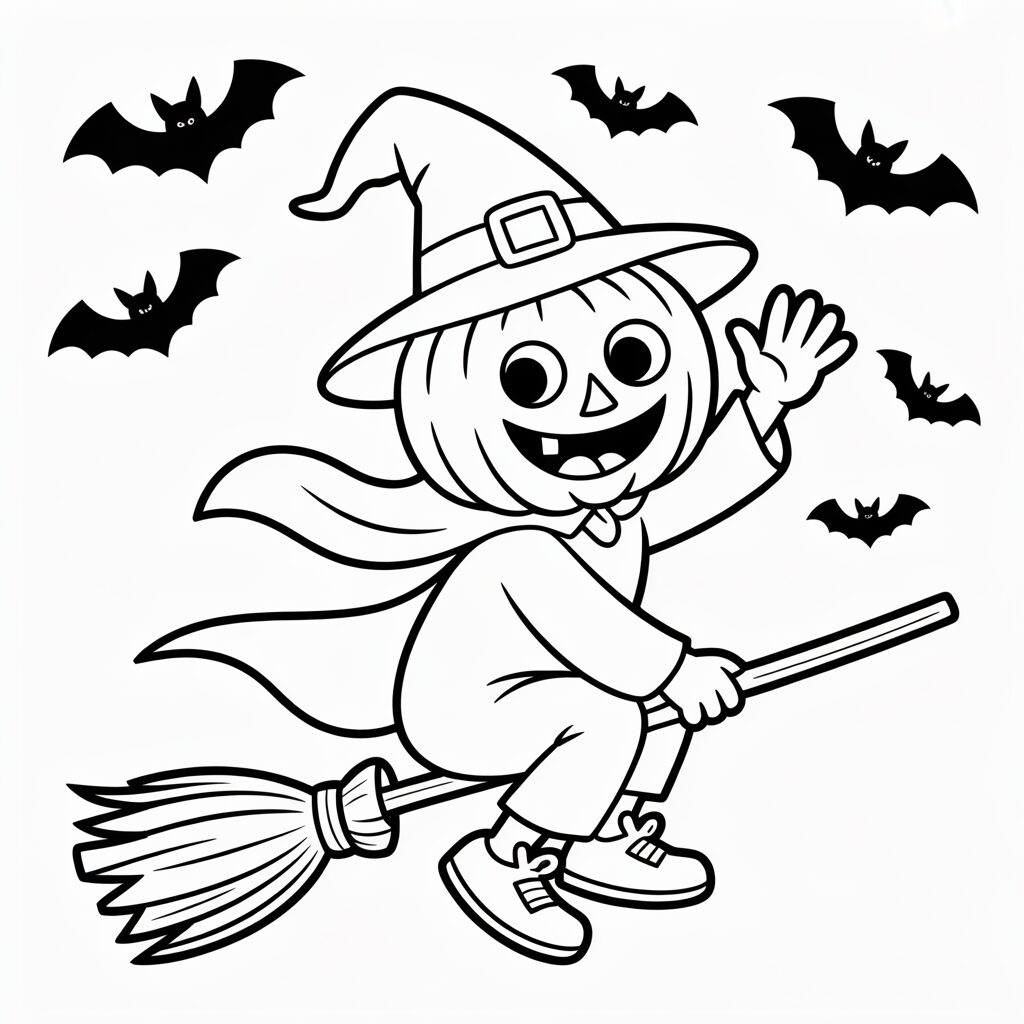 Kürbis Hexe auf Besen Ausmalbild