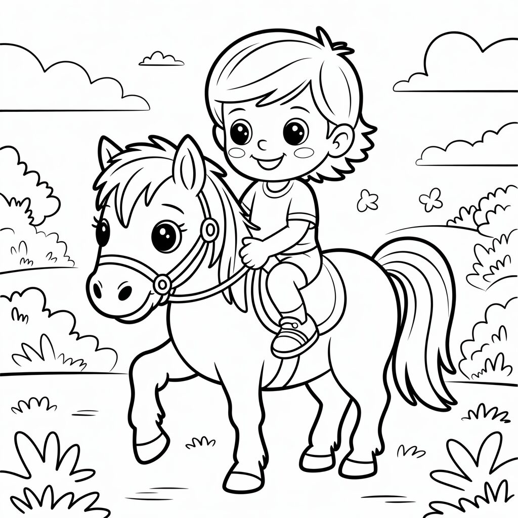 Pony mit Kind Ausmalbild herunterladen