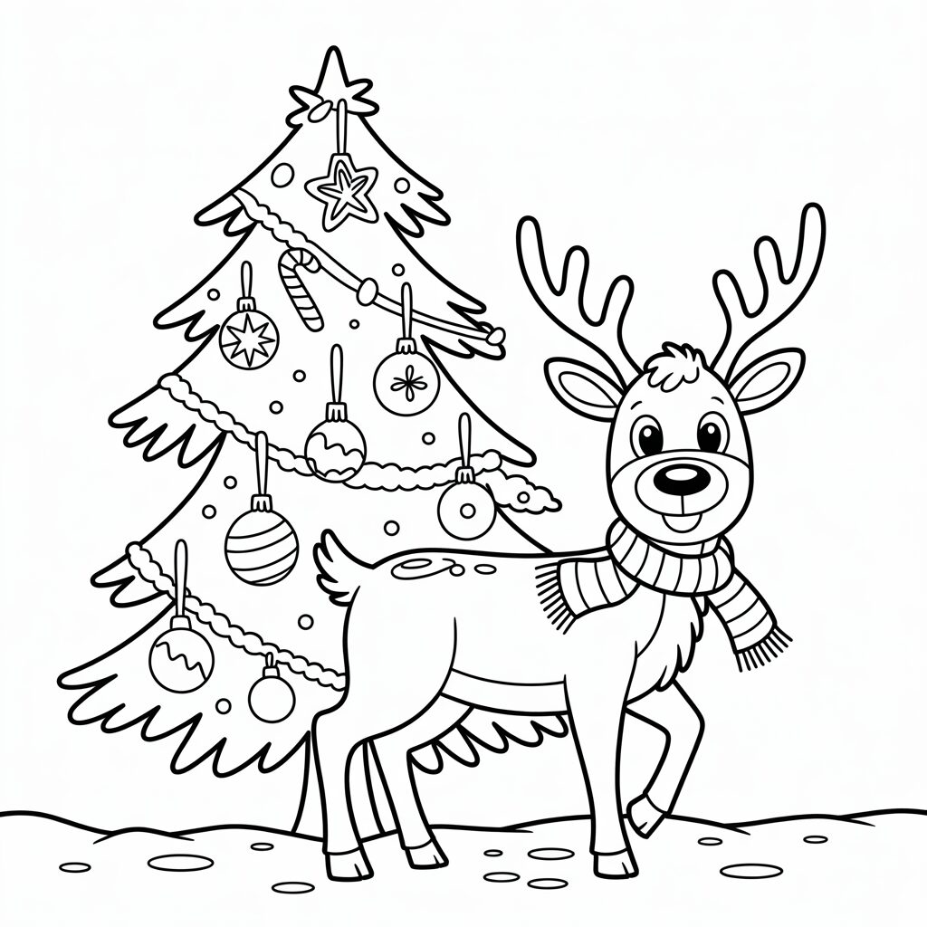 Rentier mit Schal vor dem Weihnachtsbaum – Ausmalbild