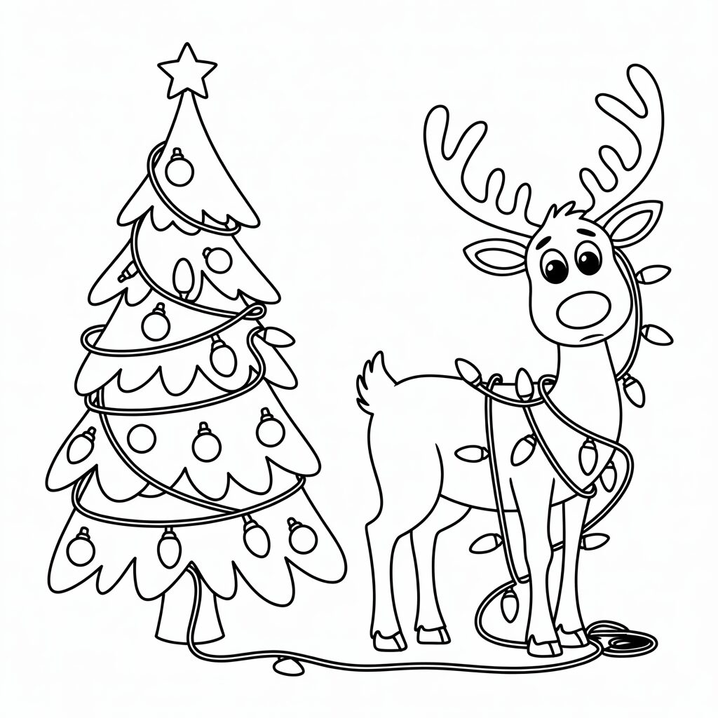 Rentier verheddert sich in Weihnachtslichtern – Ausmalbild