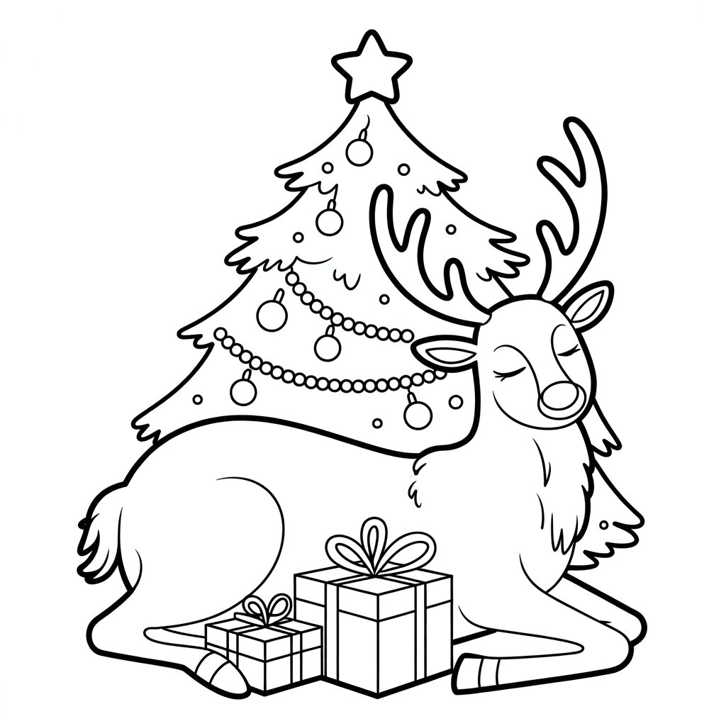 Ruhiges Rentier unter dem Weihnachtsbaum – Ausmalbild