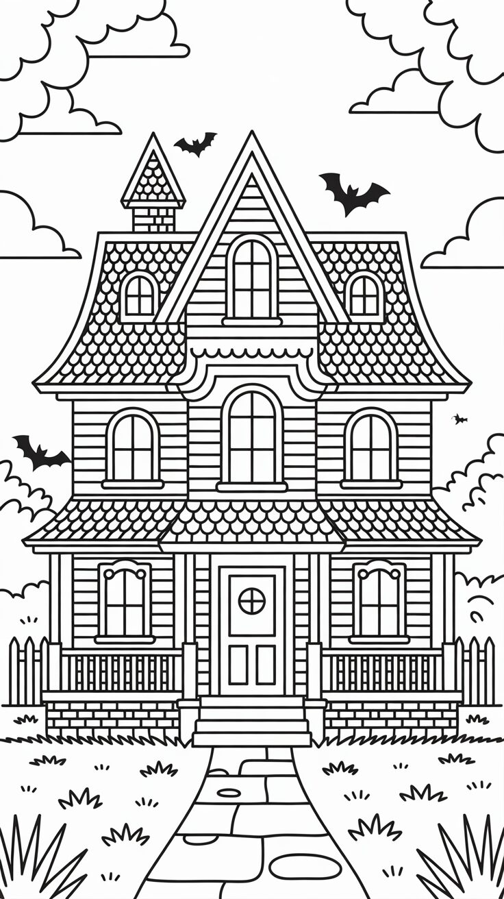 Spukhaus-Malvorlage zu Halloween – kostenlos zum Ausdrucken.