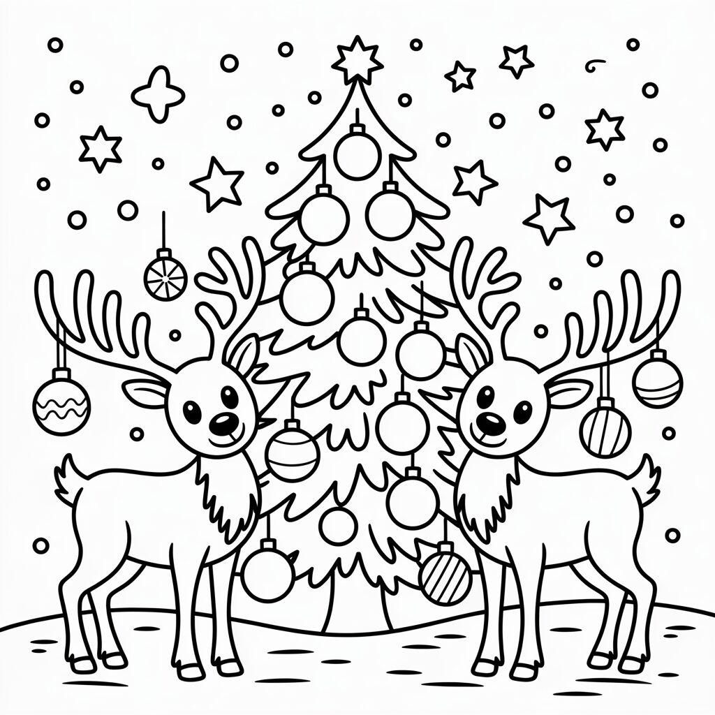 Zwei Rentiere und geschmückter Weihnachtsbaum – Ausmalbild