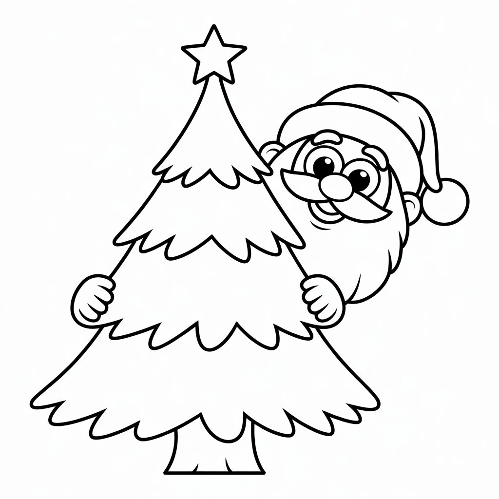 Versteckter Weihnachtsmann hinter Baum – Ausmalbild