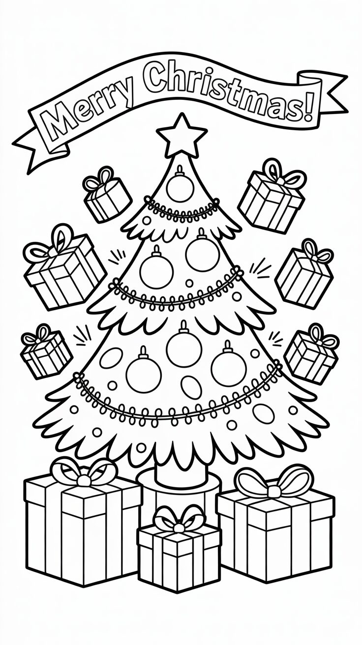 Fliegende Geschenke um den Weihnachtsbaum – Ausmalbild