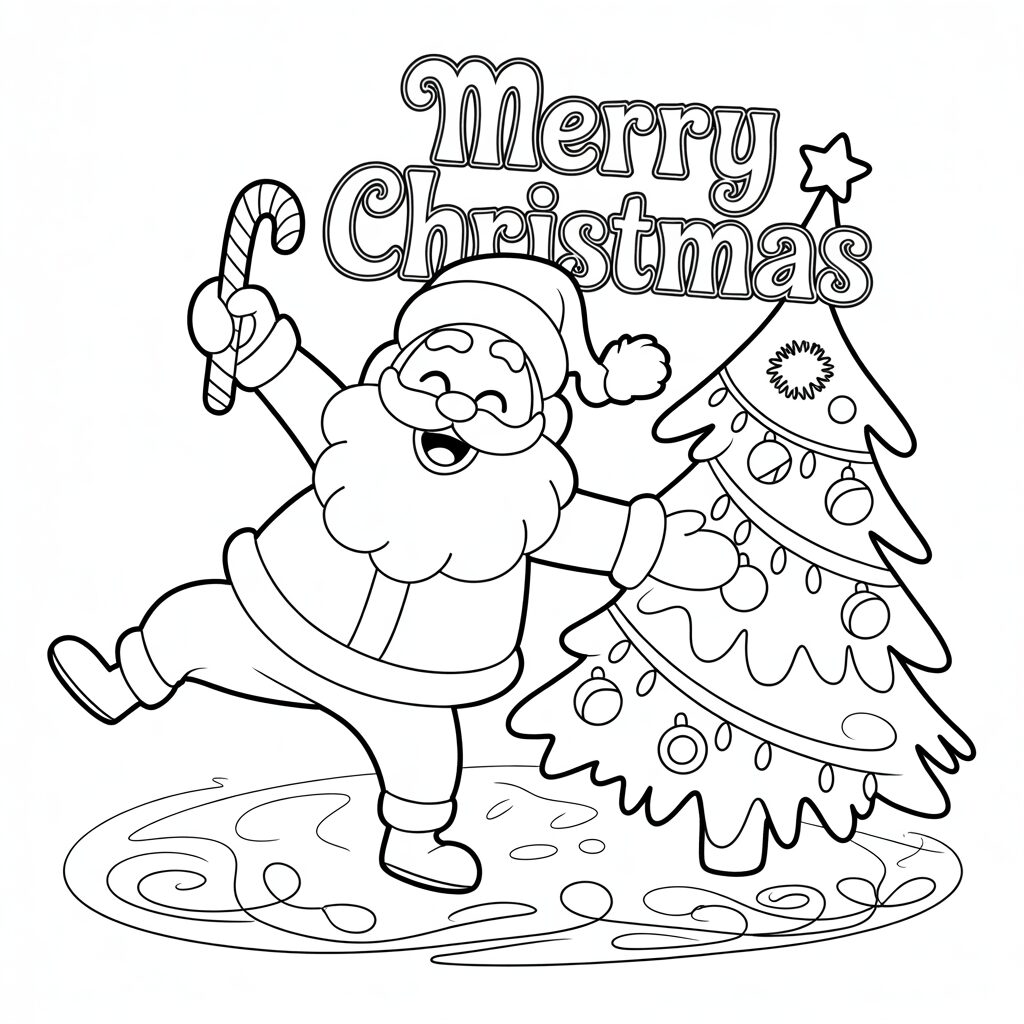 Fröhlicher Weihnachtsmann und Baum – Ausmalbild