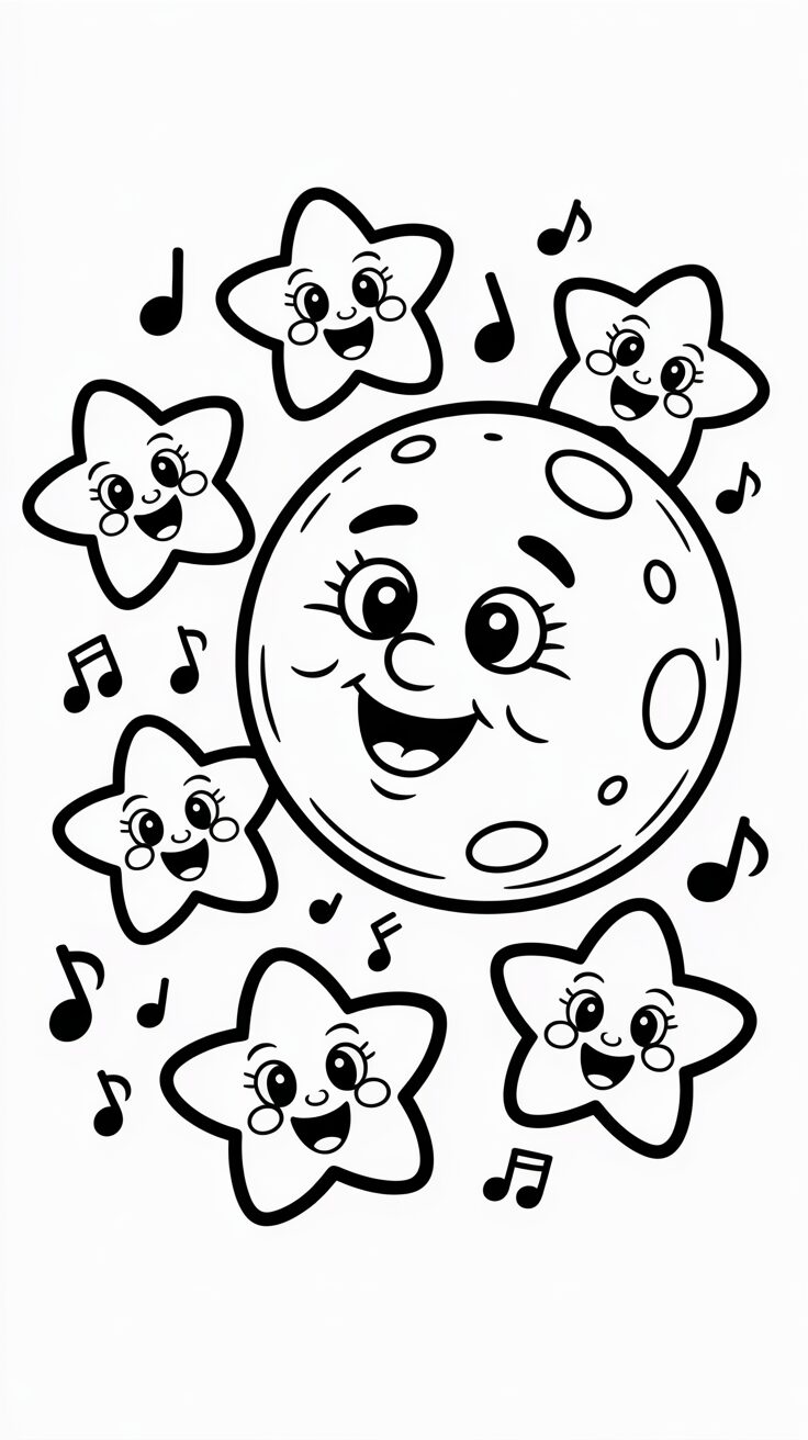 Singender Mond mit Sternen Ausmalbild