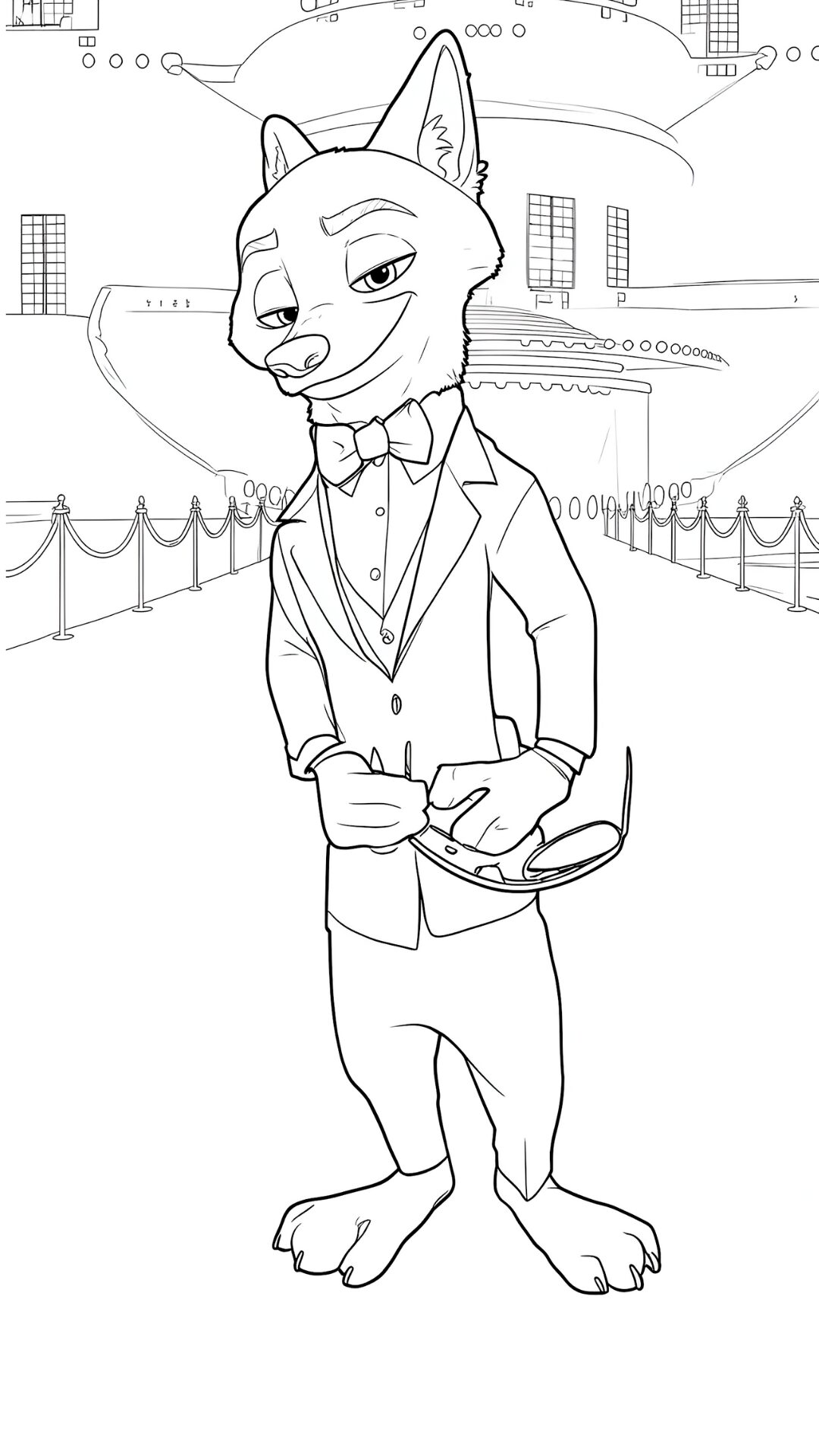 Ausmalbilder von Nick Wilde in einem schicken Outfit auf dem roten Teppich