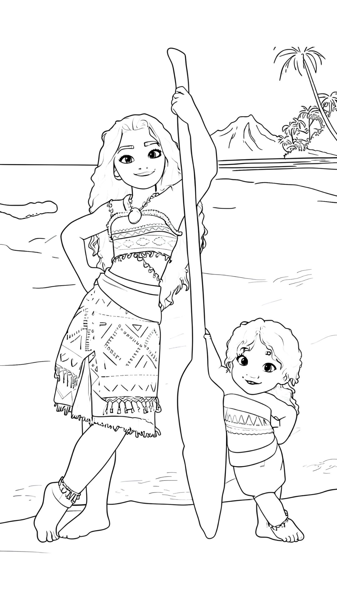 Moana Ausmalbild mit erwachsener Moana und Baby Moana
