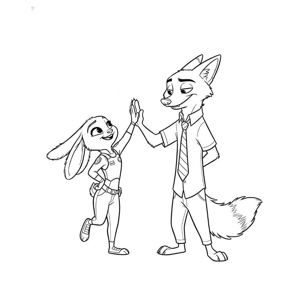 Ausmalbild von Nick und Judy, wie sie sich ein High-Five geben